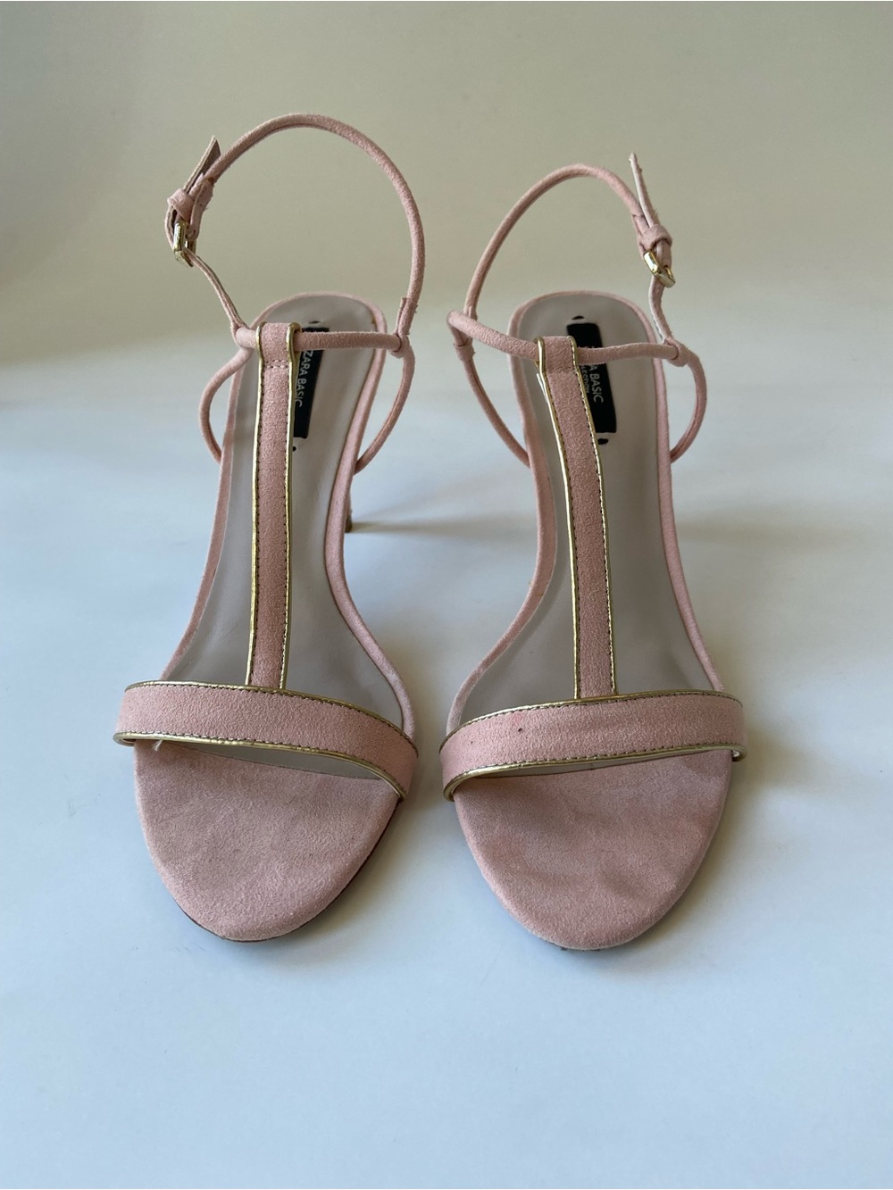 Zara Pink Blush Suede T-Strap Sandals with Gold Trim - Picture 2 of 8